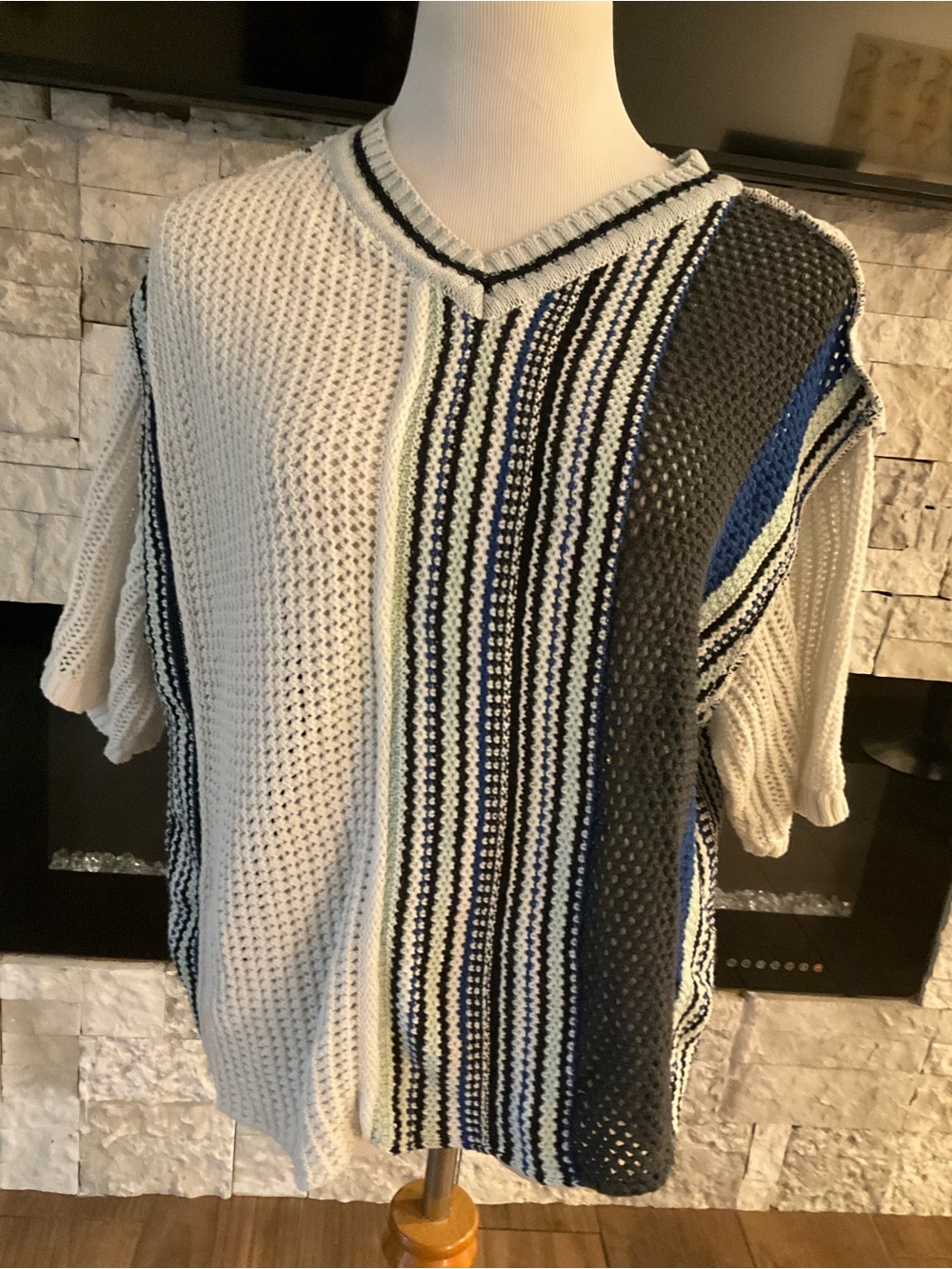 BDG Cream V-Neck Sweater with Blue and Gray Stripes - Picture 2 of 5